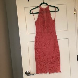 Express Pink Lace High Neck Body Con Midi Dress